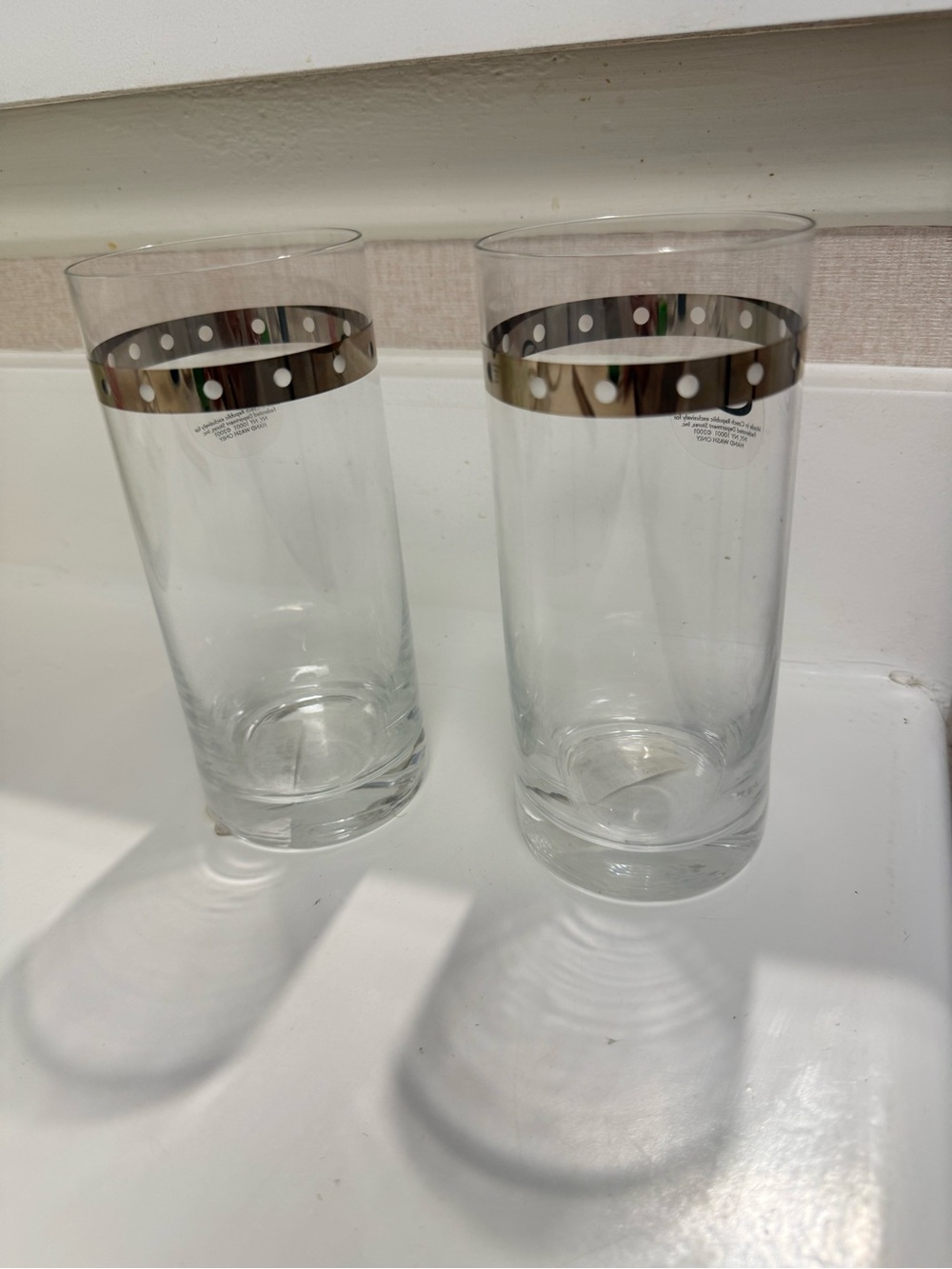 New NWT vintage Clear Glass Tumbler Pair with Silver Polka Dot Band bar ware